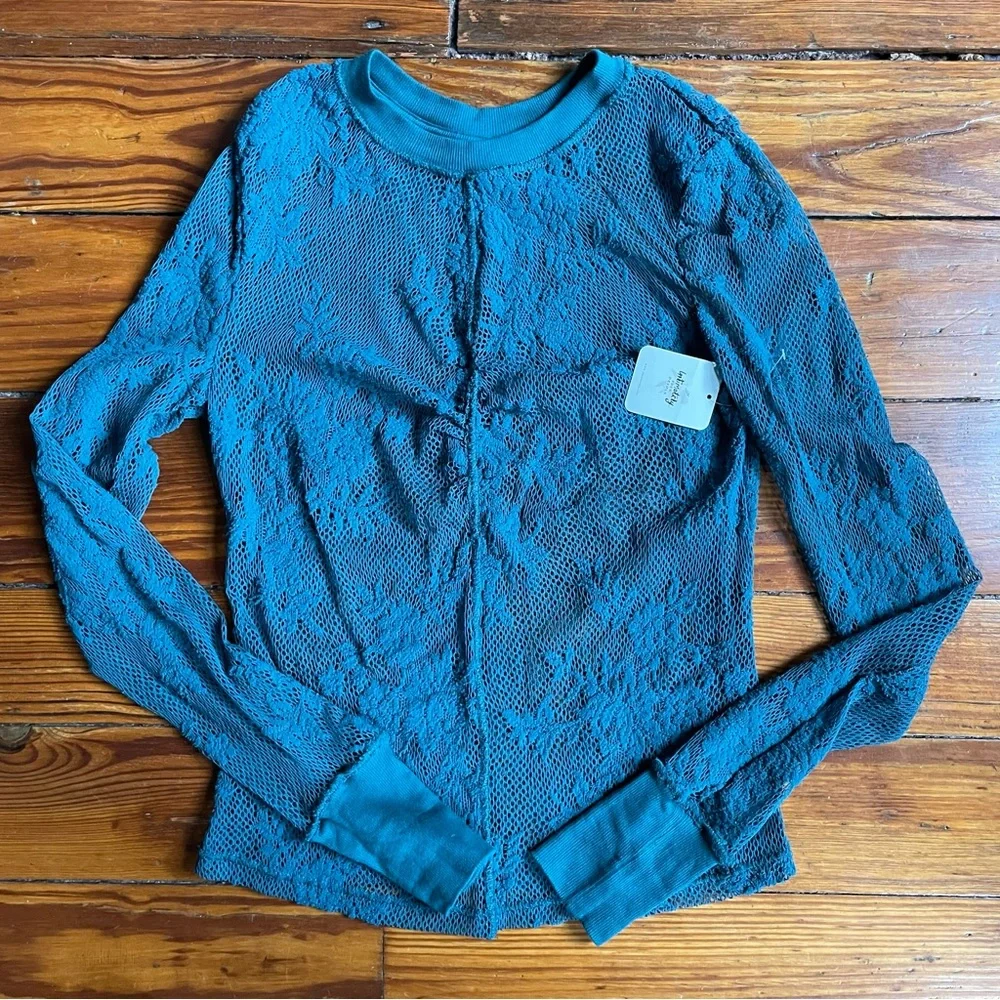 Intimately Free People Floral Mesh Layering Top Teal Sz Small